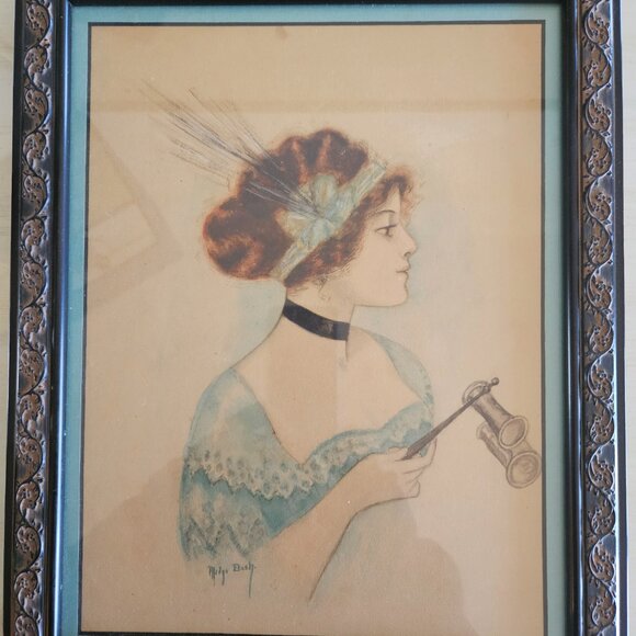 Original antique art - woman with opera glasses - signed - framed - Picture 2 of 6